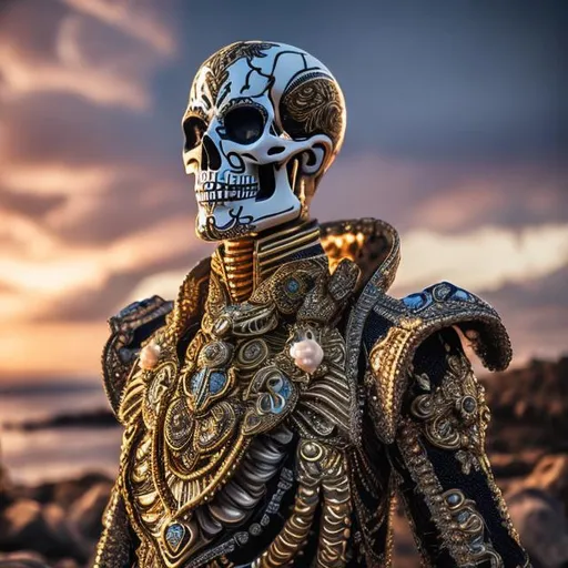 Prompt: Masterwork, octane render. skeleton, Wearing Mirage Vest, {dapper}, Wearing a Festival Robe {dias de los Muertos, fur coat}, glass beach,