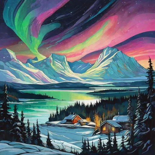 Prompt: landscape with northern lights, painting in the style of Kokoshka.