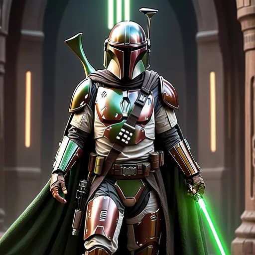 Prompt: Jedi Mandalorian in detailed armor and cloak, wielding  a green dual headed lightsaber, digital illustration, high quality, sci-fi, fantasy, intense lighting, futuristic setting, intricate details, professional art style, cool tones, highres, ultra-detailed, sci-fi, fantasy, intense lighting, futuristic, detailed armor, gold lightsabers, Jedi, Mandalorian, dual wield, cloak, professional