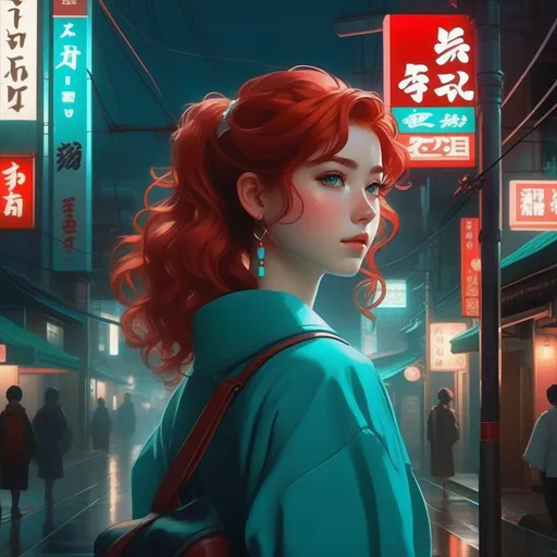 Prompt: Third person, gameplay, Japanese girl, pale skin, freckles, curly red hair, teal eyes, 2020s, smartphone, streets of Tokyo at night, fog, blue atmosphere, cartoony style, extremely detailed painting by Greg Rutkowski and by Henry Justice Ford and by Steve Henderson 

