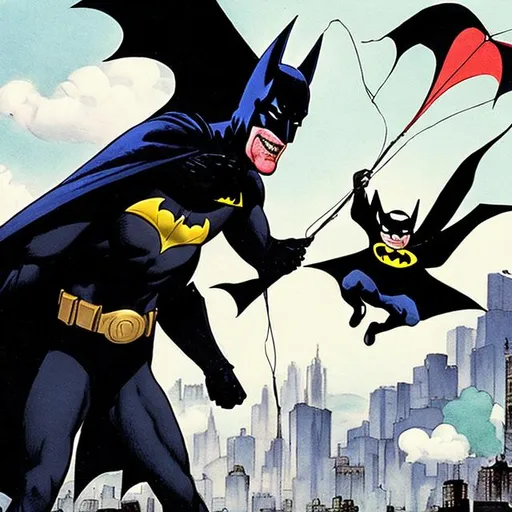 Prompt: Batman flying a kite with joker