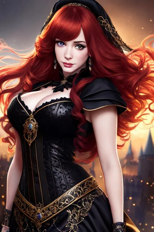 Prompt: {Christina Hendricks}, high resolution face, high definition eyes, detailed eyes, long flowing hair, wearing black medieval dress, sensual pose, 8k, hypermaximalist, elegant, ornate, hyper realistic, anime, dramatic, digital painting, artstation, smooth, sharp focus, dark medieval castle, full body shot, high resolution, dungeons and dragons, frank frazetta style art