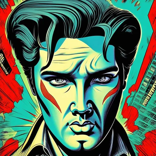 Prompt: retro comic style artwork, highly detailed Elvis face, comic book cover, symmetrical, vibrant
