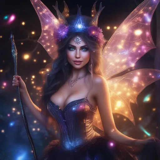 Prompt: hyper realistic, beautiful, stunningly full body form of a bright eyed, buxom woman, in a fairy witch outfit that is glowing, sparkly, sheer, and skimpy outfit on a breathtaking night with flying sprites around.