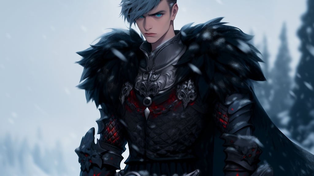 Prompt: handsome russian man with a chiseled jawline, ice blue undercut hair, bright blue eyes, Two red earings, Long thick black fur lining grey and black armor, disapointed expression, attractive, thick eyeliner, perfectly styled hair, red lance on his back, realistic warrior, heavy snow --no facial hair --upbeta --niji 5 --ar 16:9