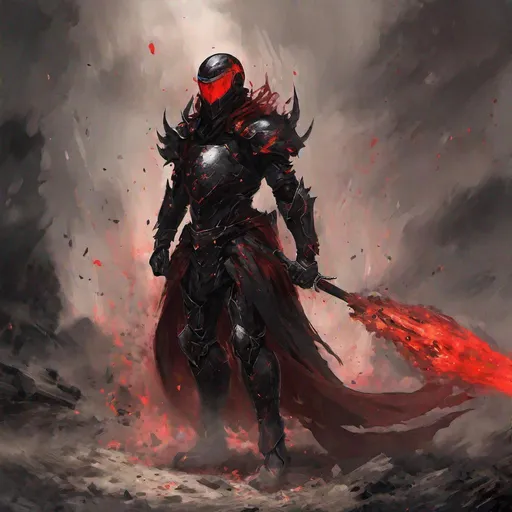 Prompt: War is described as a being over two meters tall, wearing a completely black armor with shades of red. The aura of this being is heavy and its helmet only left its eyes completely white on display.

The being removed his pointed helmet, letting his long black hair that looks like it was covered in embers of fire float around is it was defying gravity.

War rides a red horse with red flames in its eyes, hooves and tail.