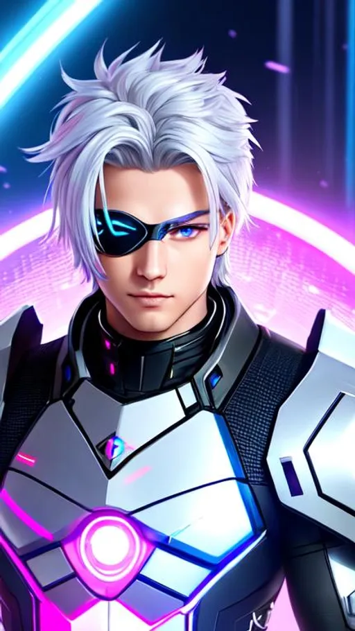 Prompt: Young male cyborg,blue eyes, silver hair, UHD, 8k, he has an eye patch, side view, muscular body, very real, Very detailed, panned out, 32k, his face is visible, waterfall in flower meadow background,pink neon lights, full body