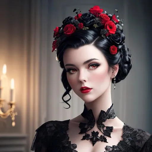 Prompt: Beautiful woman portrait wearing a black evening gown,  black hair, dark eyes, ruby jewelry,elaborate updo hairstyle adorned with flowers, facial closeup