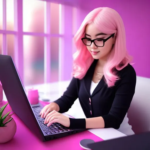 Prompt: Full body Portrait of {teenager Aisexy typing on laptop in office} with {pink} hair and with cute face, {In the home office hd}, full body, perfect composition, hyperrealistic, super detailed, 8k, high quality, trending art , trending on artstation , sharp focus , Realistic background image hd, intricate details, highly detailed.