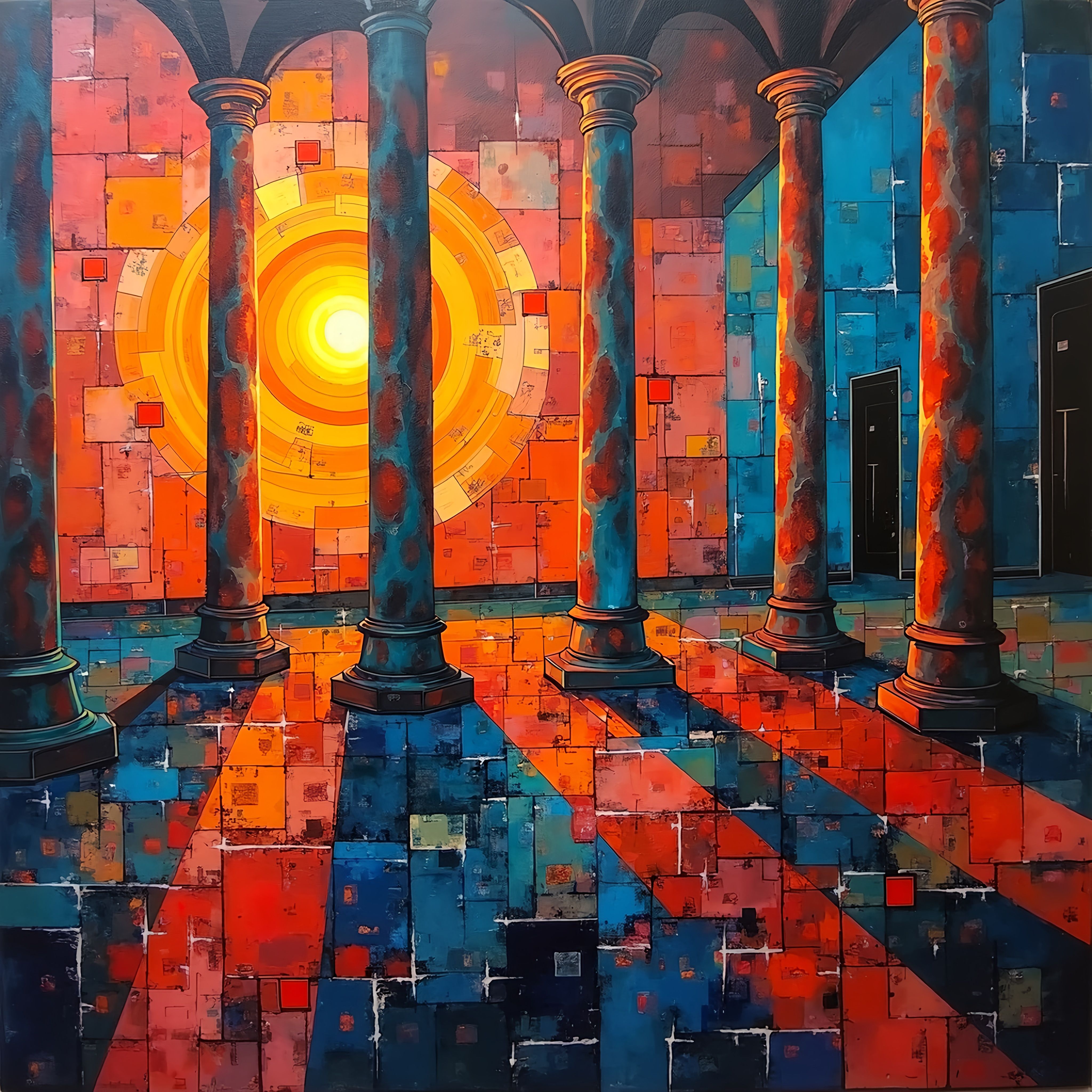 Prompt: a painting of a room with columns and a sun setting in the background with a yellow circle in the center, metaphysical painting