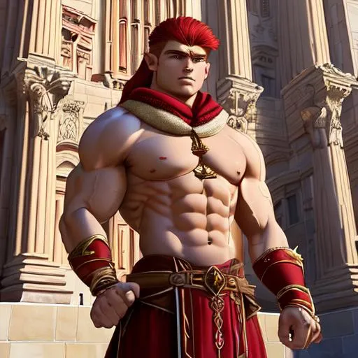 Prompt: Posing in front of a red-sandstone, stone skyscrapper with renaissance Prauge architecture.
A light-skinned male half elf barbarian with a body builder's physique, the look on his face is courageous.  His uniform is white with gold trim. A red undershirt peaks out from underneath.  His pauldrons are white fur.  His scarf is crimson red,  He wears a red and white flame-patterned tabard, held up by a forest-green belt.  His helmet is silver white with gold trim, the gold trim decorative a twin-split gold spike rises up from the front of his helmet.  A red polearm is carried on his back.