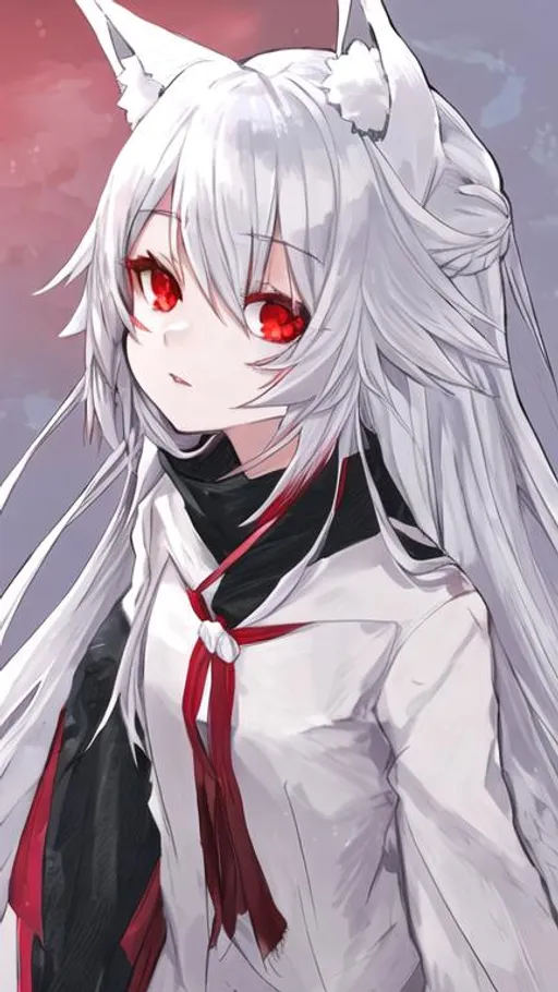 Prompt: Anime cute sliver hair, wolf ears, red eyes