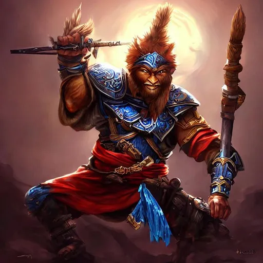 Prompt: Wukong seber warrior assasin ,digital painting, 3D hDR ,full beckground heven ,color whaite black and blue sky tunder,illustrasion oil painting