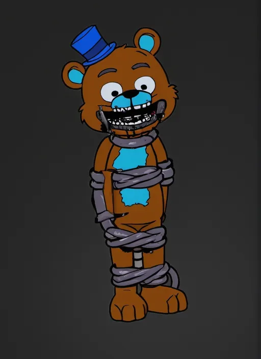 Prompt: Freddy fazbear tied up with hands behind freddy's back with ropes and gagged with duct tape around freddy's mouth 