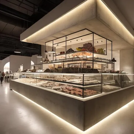 Prompt: Please Create a high-end food hall that uses concrete and creative lighting to enhance the user experience, the hall is V-shaped and holds many different counters as well as displays for chocolates and other goods show the relation between the different shops in the space