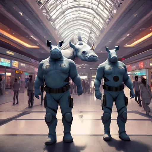 Prompt: rhino security guards in a busy alien mall, widescreen, infinity vanishing point, galaxy background, surprise easter egg