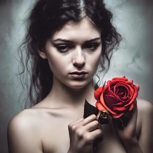 Prompt: A sad beautiful woman holding a dead rose