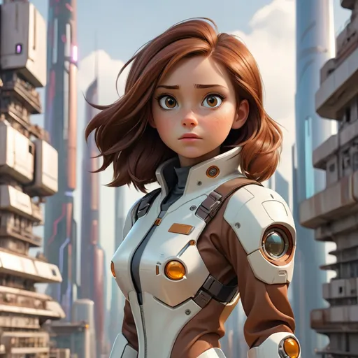 Prompt: a girl with brown a and brown hair over looking a futuristic city while wearing an engineering suit 