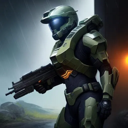 Prompt: Professionally illustrated art of a marine from Halo standing in the rain, intricate details, full-body portrait, headshot, HDR, 64K, highly detailed, bright sun rays, glowing visor