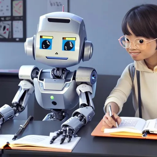 Prompt: Please create an image of a young robot and an adult sitting together, engaged in tutoring. The robot should have a small and adorable appearance, resembling a young child. The adult is seated at a desk, using a book and a pen to solve math problems. The robot wears a cute and cheerful expression, attentively listening to the adult's explanations. On the desk, there should be a worksheet indicating ongoing tutoring sessions. The interaction between the young robot and the adult should convey a warm and appropriate connection. This scene symbolizes the integration of future education and artificial intelligence, highlighting the interaction between the robot and the adult.