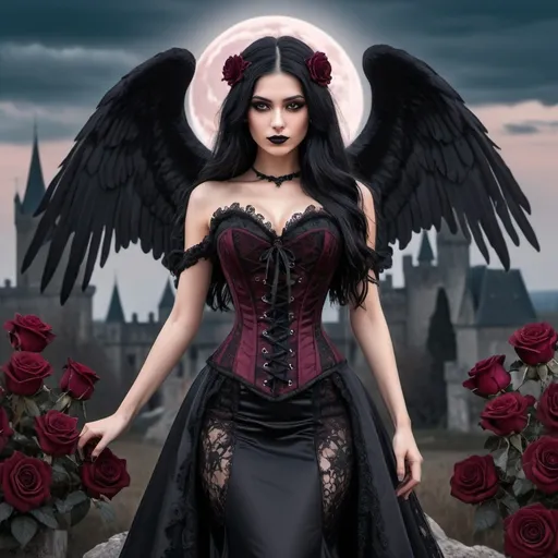 Prompt: A tall dark angel woman, with long black hair, brown eyes, black wings, dressed with a black & bordeaux laces corset. She is adorned in an elegant black gown with intricate lace details and stunning bordeaux roses. The background is a landscape with a goth castle, with wolves by her side, fullmoon, and black skulls on the ground. Ai real photo, 4k, poster.