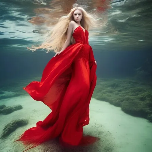 Prompt: A beautiful woman in a red gown with long blond hair plunges into deep water with reflections above her head, full body shot
