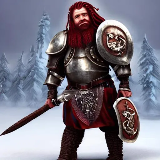 Prompt: Male dwarf knight, red hair, braids, pointed helmet, stoic expression, nordic runes, Blur Studio, cell shaded, wearing heavy armor, shield with dragon crest, hammer, full body portrait, render