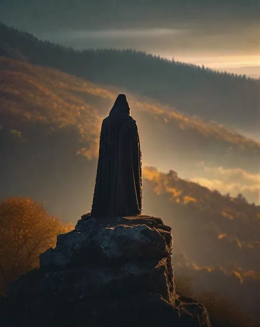 Prompt: A lone (((cloaked figure))) stands at the peak of a crumbling stone tower overlooking misty hills and old forests. Shot at golden hour with a telephoto lens for dramatic lighting. Fantasy, mystical, ancient.
