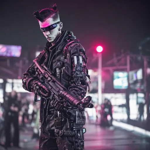 Prompt: this man is with a gun on a runway at a cyberpunk fashion show