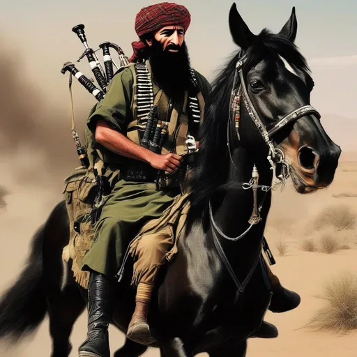 Prompt: "osama bin laden " "dynamic angry bagpiper mounted on black horse" "leads taliban troops" "visible troops" "visible bagpipe" cyberpunk