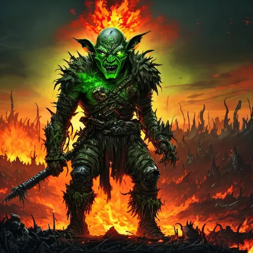 Prompt: green-skin goblin warlord, glowing red eyes, in front of fiery burning battlefield, realistic dark fantasy scene, red and dark green