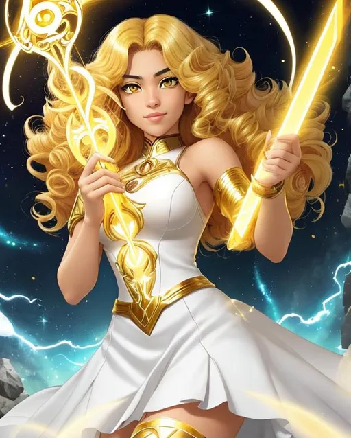 Prompt: A beautiful 15 year old ((Latina)) light elemental with light brown skin and a beautiful face. She has curly yellow hair and yellow eyebrows. She wears a beautiful white dress with gold. She has brightly glowing yellow eyes and white pupils. She wears a gold tiara. She has a yellow aura around her. She is using yellow light magic against a entire army in a beautiful open field. She is fighting aggressively. She is upset. Epic battle scene art. Scenic view. Full body art. {{{{high quality art}}}} ((goddess)). Illustration. Concept art. Symmetrical face. Digital. Perfectly drawn. A cool background. Five fingers