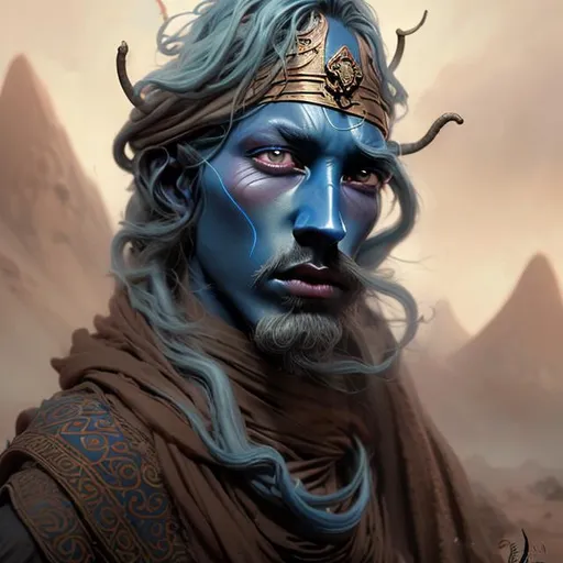 Prompt: blue skinned young wizard man long wavy hair dressed in ornate fremen clothes with magic staff in a desert with dust flying around a detailed matte up close portrait by Bastien Lecouffe-Deharme, 