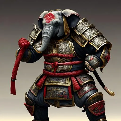 Prompt: mutant-elephant in samurai-armour standing with clenched fists