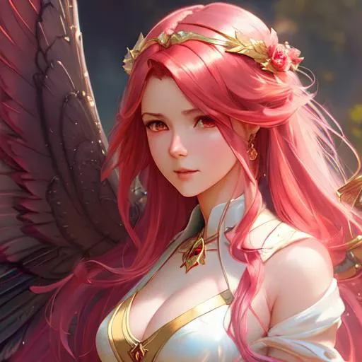 Prompt:     Magical Female Fairy,  rose colored wings, light red hair, burgundey
eyes, perfect features, extremely detailed, realistic. Krenz Cushart + loish +gaston bussiere +craig mullins, j. c. leyendecker +Artgerm, oil painting texture oil painting effect. 