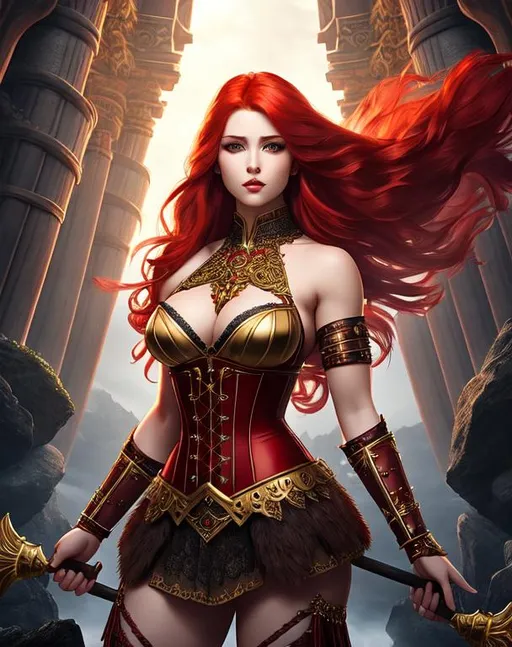 Prompt: A hyper realistic full body image of a (young female barbarian with intricately flowing red hair) with a (beautiful symmetrical body, beautiful symmetrical face, fierce expression) wearing (an intricate golden corset) in a (fantasy setting against a misty underworld backdrop)
