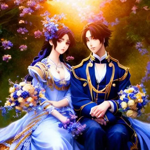 Prompt: perfect medium shot of beautiful anime blue victorian princes holding flowers, reference pose, intricate elegant highly detailed painted, concept art, sharp focus, illustration, god rays, Artgerm,  Artstation,  Alfonso Mucha.