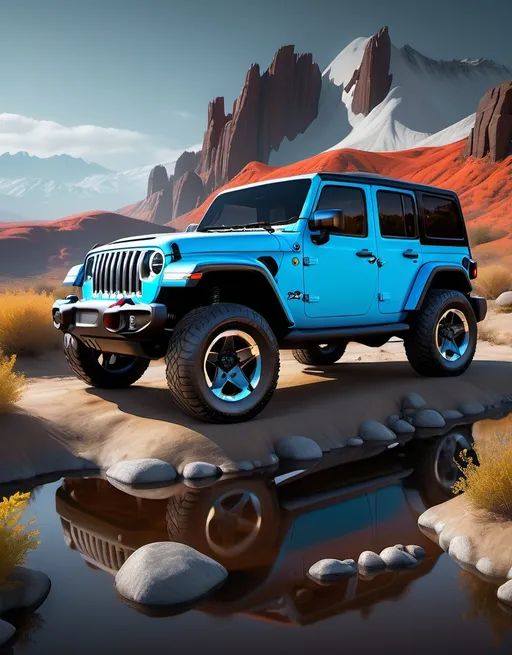 Prompt: (JEEP WRANGLER AS AN EV), (futuristic design), sleek electric features, vibrant colors, high-tech details, off-road setting, rugged terrain, dramatic lighting, showcasing innovation, enhanced wheels and trims, eco-friendly graffiti on the sides, (4K resolution), capturing the essence of adventure and sustainability, (ultra-detailed) background reflecting natural landscapes. no grille on the front due to fact it is an EV