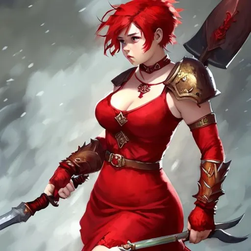 Prompt: red dress, short Crimson hair, curvy, long spear, realistic face, chubby