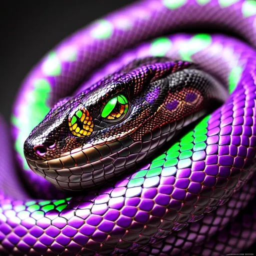 Prompt: a face shot of a twelve-foot snake with black and green markings and red eyes purple aura and a dragon-like face, very glossy and shiny, reflective, perfect composition, hyperrealistic, super detailed, 8k, high quality, trending art, trending on artstation, sharp focus, studio photo, intricate details, highly detailed, Trending on Artstation, Cozy wallpaper, Pastel colors, soft lighting