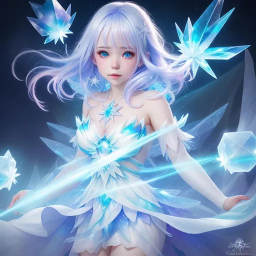 Prompt: ice crystal girl, ice crystal dress, cryomancer, magical ice spirit monster, pale white skin,multicolored hair, symmetrical, soft lighting, by makoto shinkai, stanley artgerm lau, wlop, rossdraws, full body