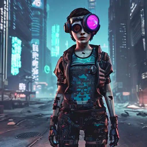 Prompt: short haired cyberpunk apocalyptic girl with transparent goggles