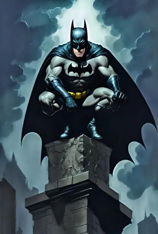 Prompt: Batman perched on a stone gargoyle, overlooking a rainy Gotham City at night, in the style of Boris Vallejo, 8K, highly detailed