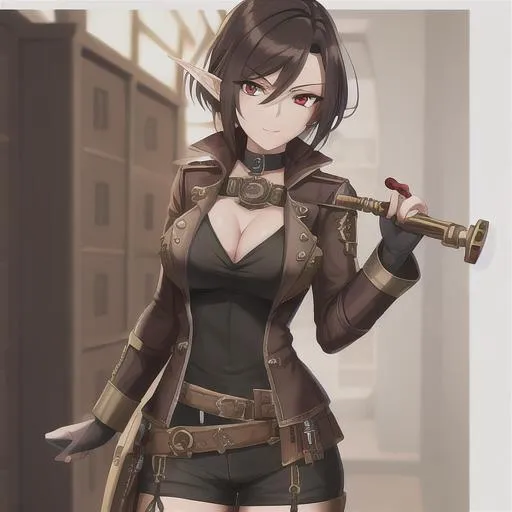 Prompt: Draw a Steampunk looking Female Elf, who has dark hair and red eyes, wearing a jacket and has a pair of goggles holding a clockwork tool, Highly detailed, 4k, lots of details