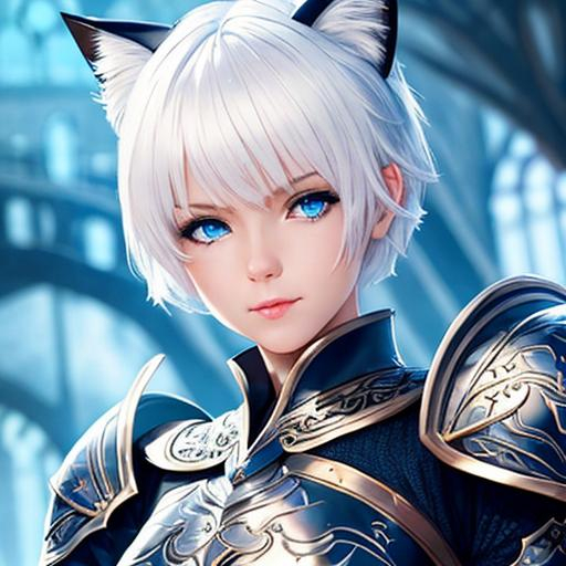 girl, cat ears, short white hair, blue eyes, fantasy... OpenArt