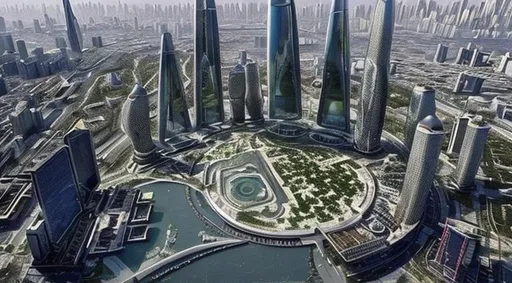 Prompt: Karbala in the year 2070, with breathtaking greenspaces, skyscrapers, mosques, and flying cars