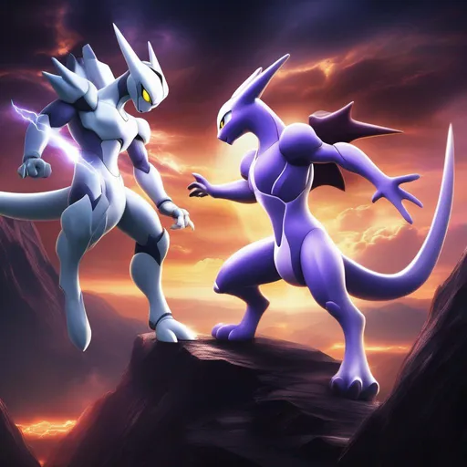 Prompt: A fierce battle between Mewtwo and BlackWarGreymon ((in the style of Hiromu Arakawa)). The two powerful creatures clash in an epic showdown atop a desolate mountain peak, surrounded by stormy dark clouds. Lightning flashes across the sky, illuminating their intense expressions and highlighting their dynamic poses. Mewtwo, with glowing psychic energy emanating from its body, unleashes a devastating attack, while BlackWarGreymon, armored and imposing, retaliates with a mighty strike from its obsidian claws. The sheer power and intensity of the battle ripple through the air, creating shockwaves that shake the very ground beneath them.