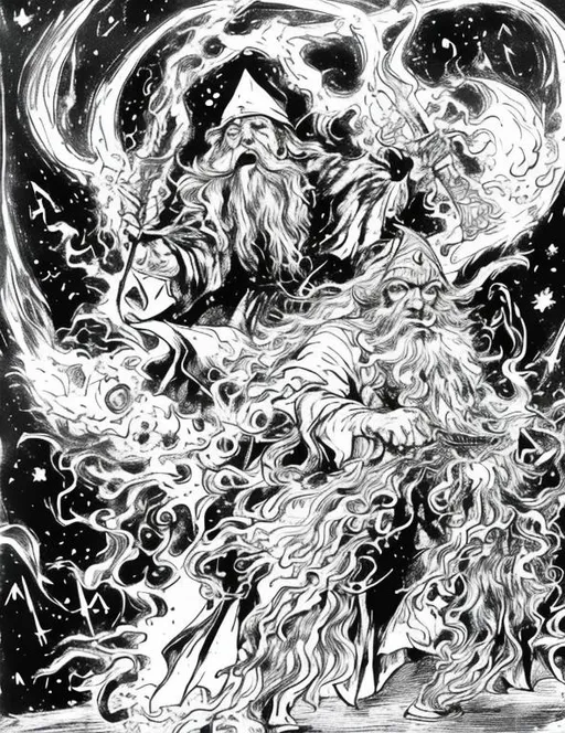 Prompt: Black and white 1970s fantasy, pulp, dungeons and dragons book illustration of robed, wizard with a pointy hat and long beard. The wizard is viciously fighting off a giant, cosmic monster holding a strange blunt weapon. Tiny little gnomes holding daggers or potions dance around their feet and create a terrifying scene.