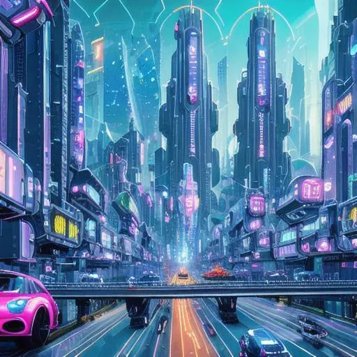 Prompt: A futuristic cityscape with flying cars and towering robots. The city is bathed in neon lights, and the sky is filled with stars. The scene is full of action and excitement, and the mood is one of wonder and awe.