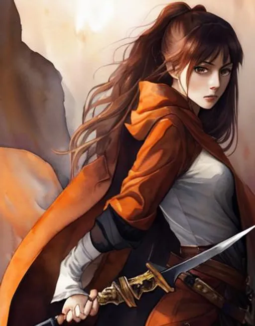 Prompt: Watercolor art, young woman, brown eyes, closed orange cloak, sci-fi, black pants, long brown hair, holding a dagger